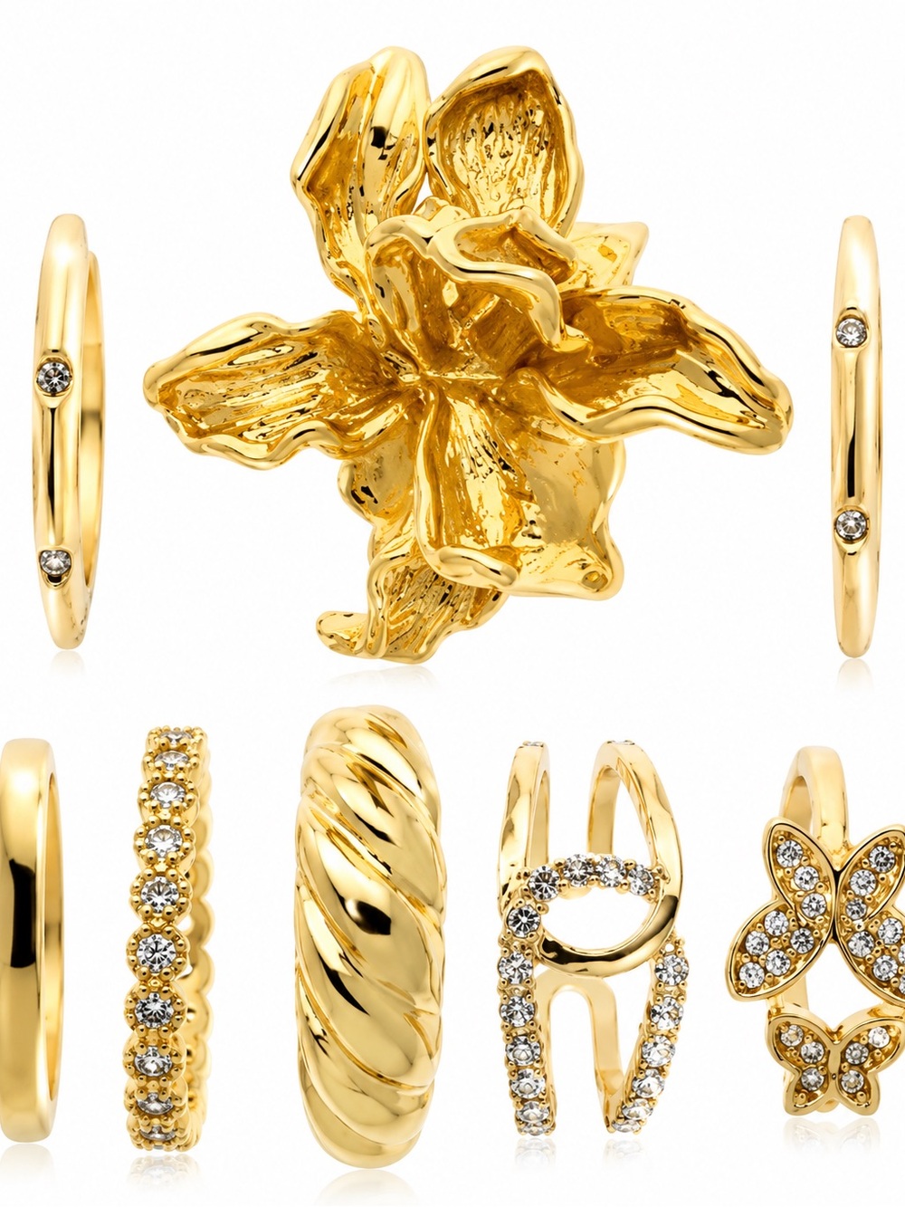 Rachel Zoe Gold Floral Cocktail 8 pcs Ring Set with Crystal Accents